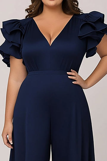 Falbaniasty dekolt w serek granatowy plus size strój matki panny młodej
